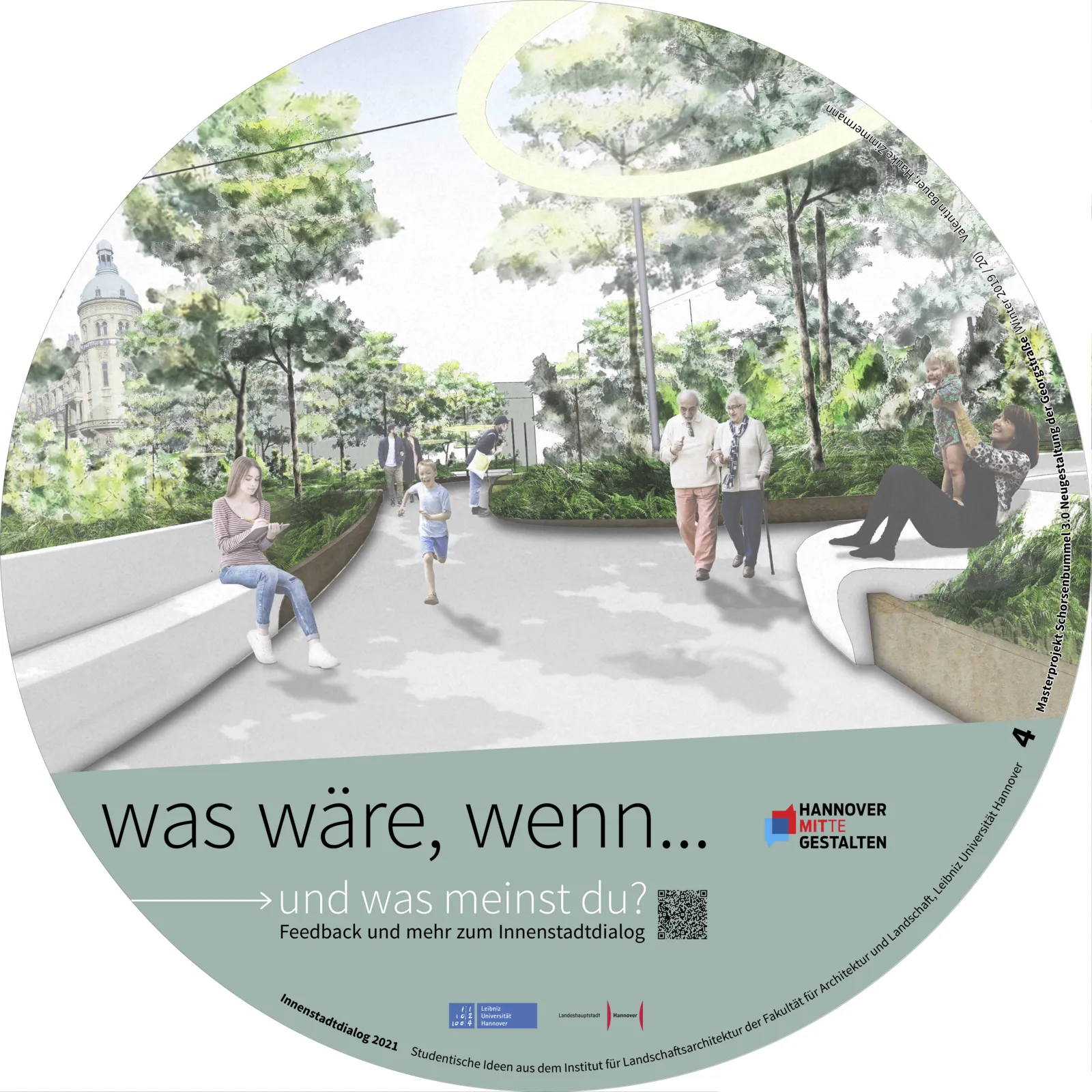 Visualisierung, die Menschen auf einem Platz zeigt.